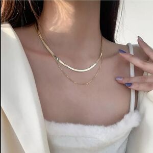 Gold Double Layer Snake Herringbone Chain Necklace